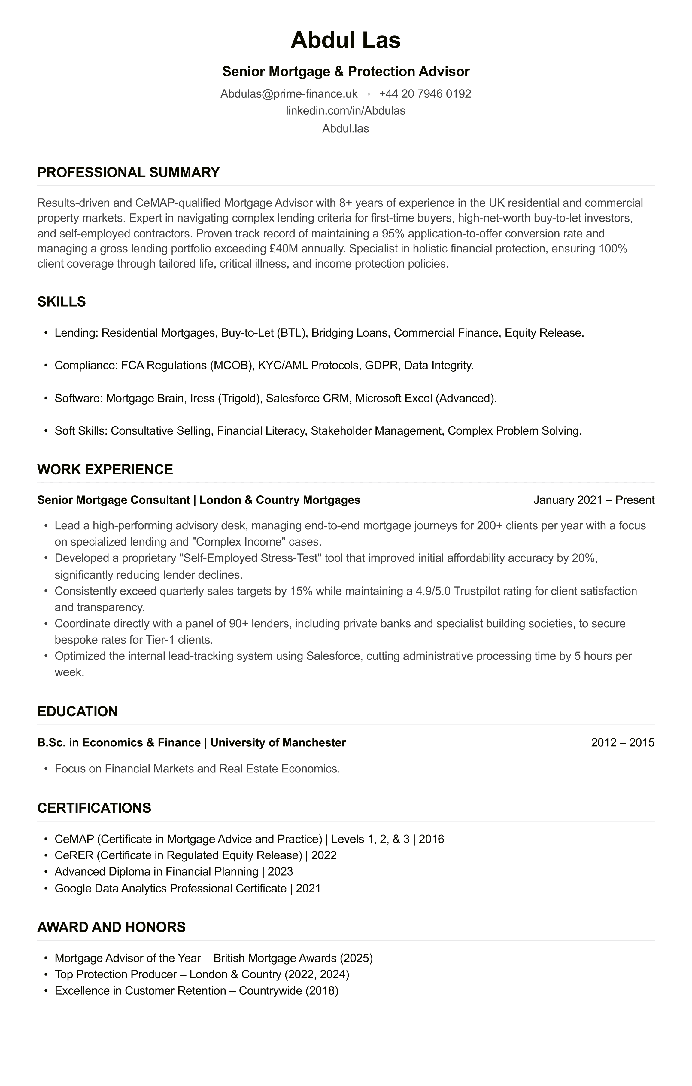 Mortgage Advisor CV example