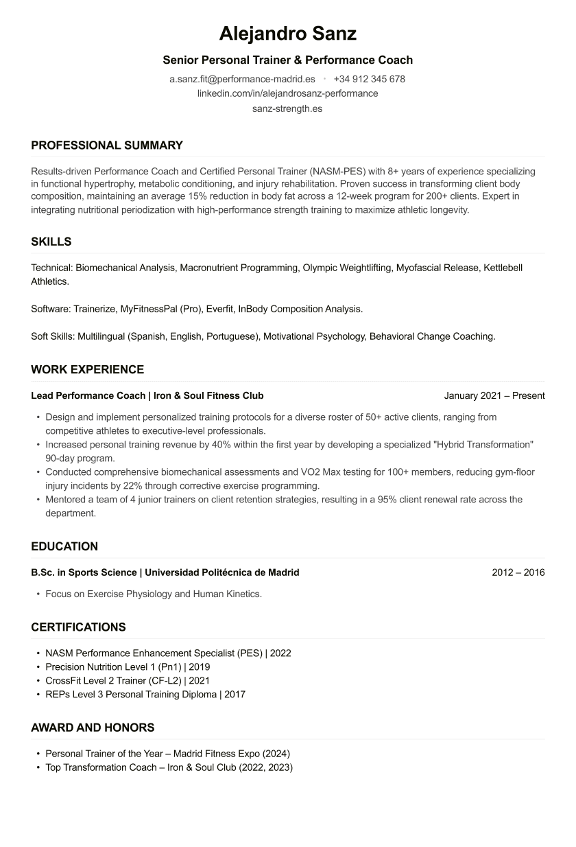 Personal Trainer CV