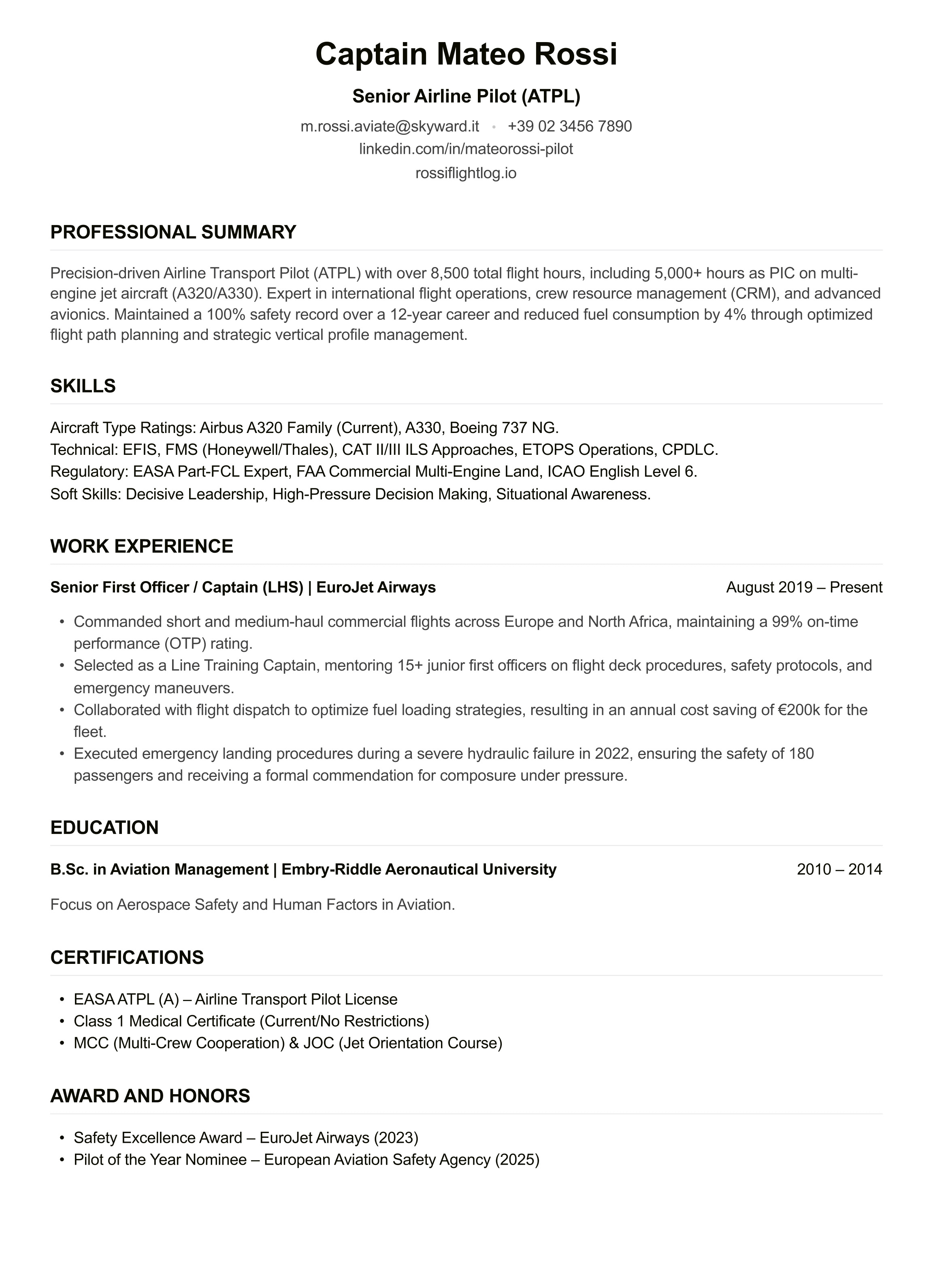 Pilot CV example