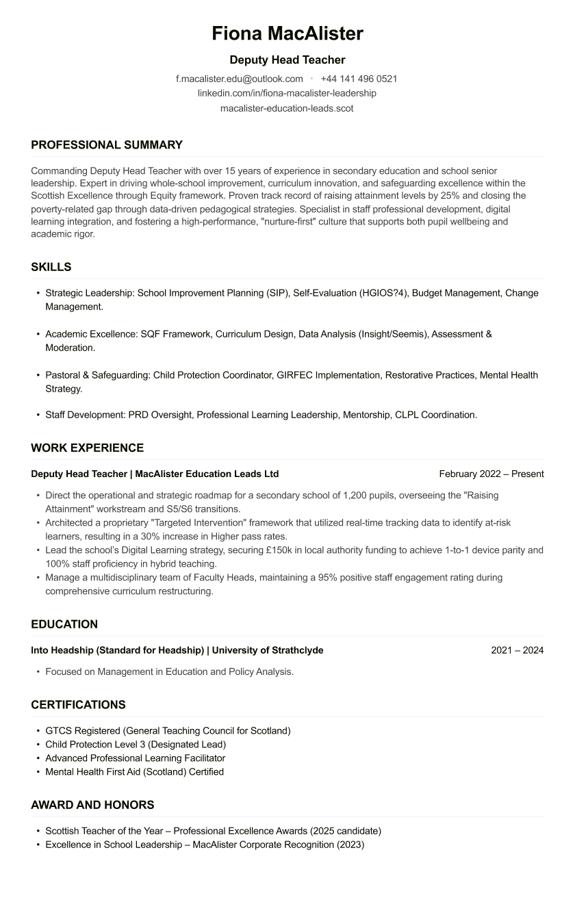 Deputy Head Teacher CV