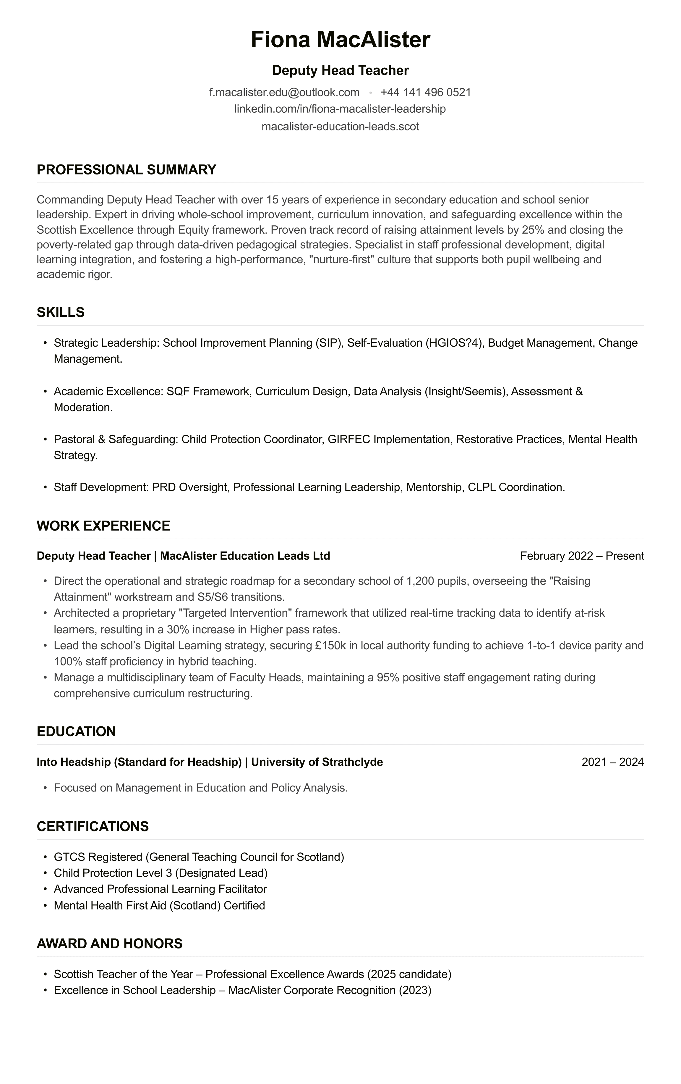Deputy Head Teacher CV example