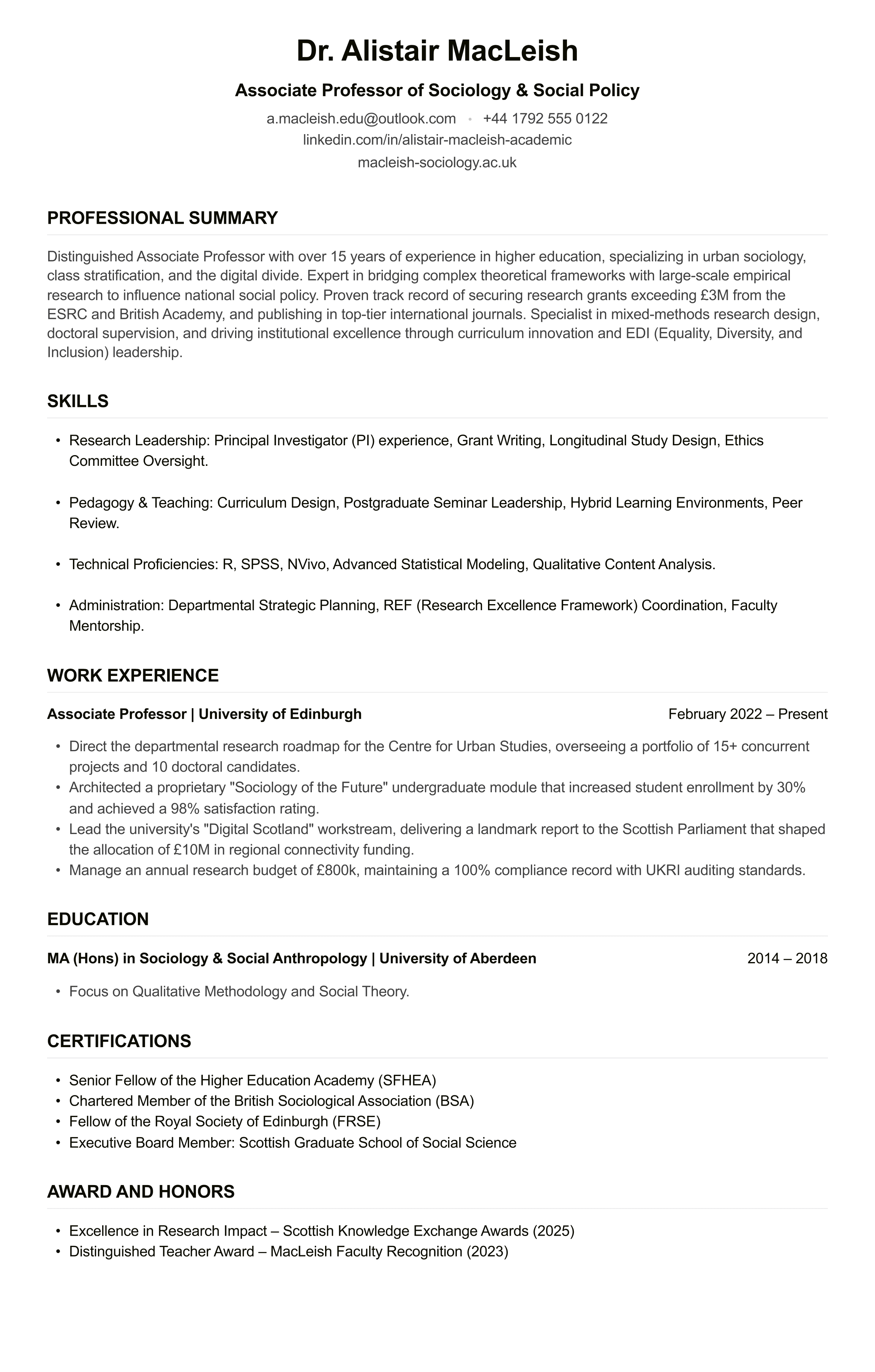 Associate Professor CV example