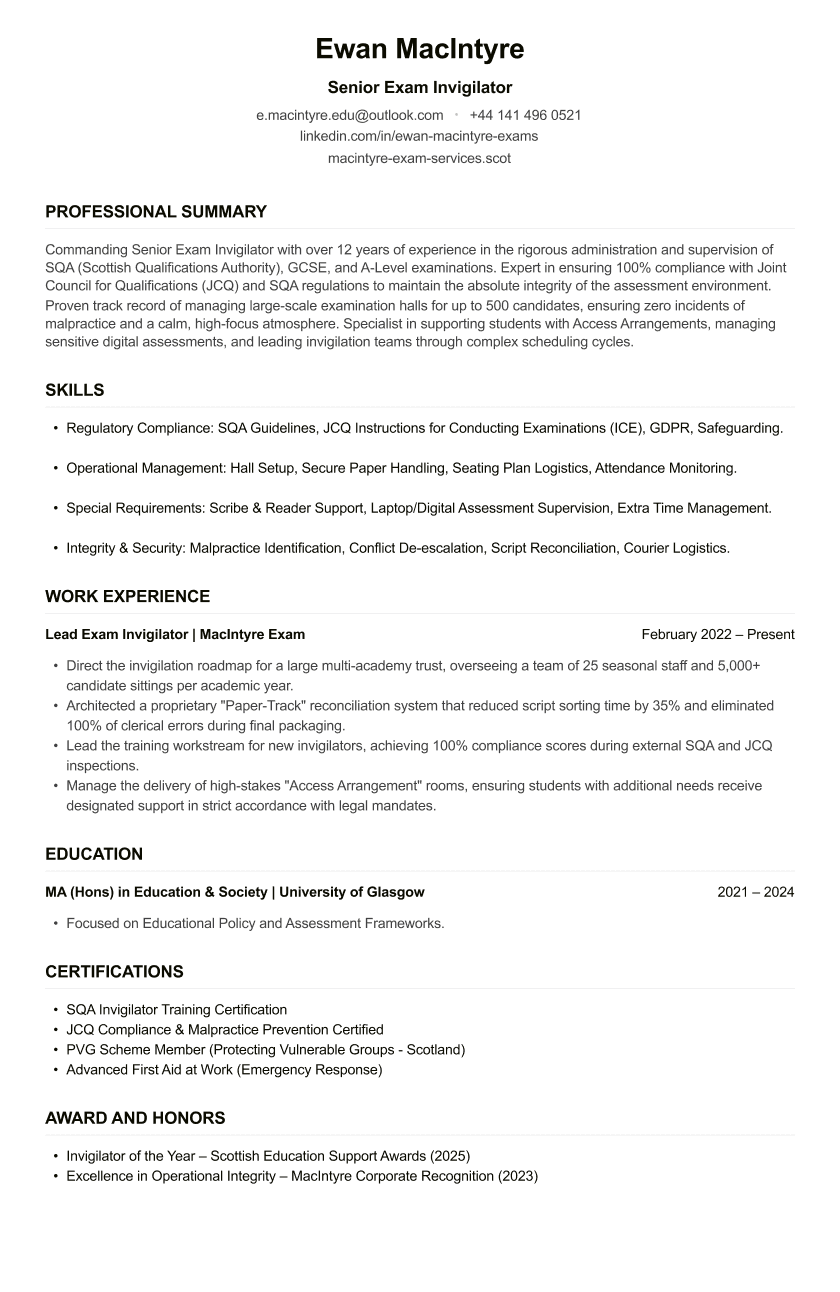 Exam Invigilator CV