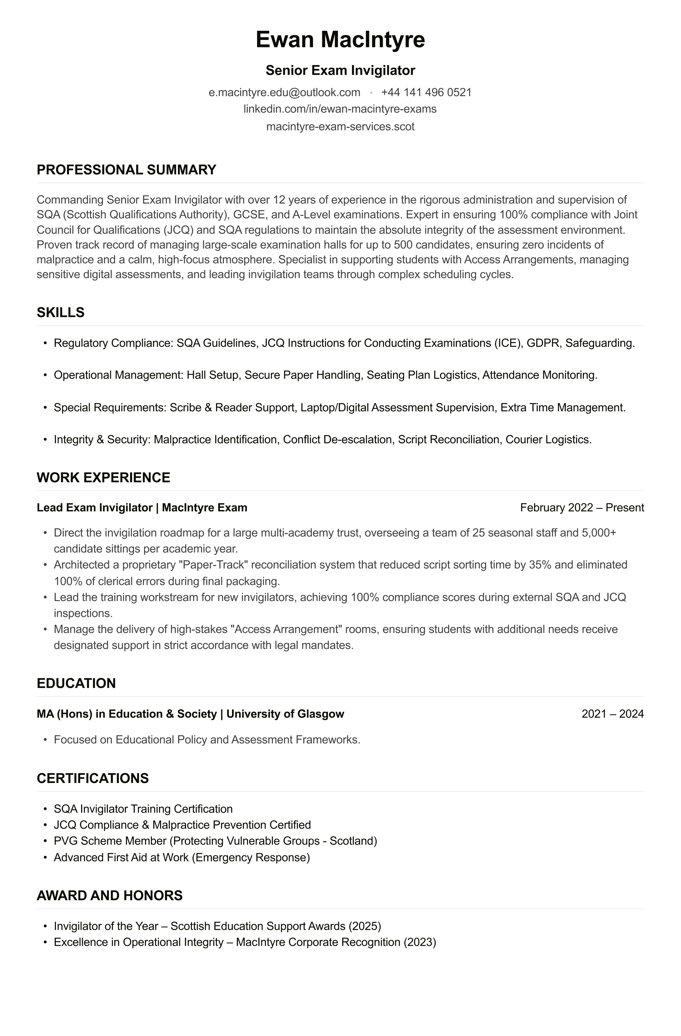 Exam Invigilator CV example