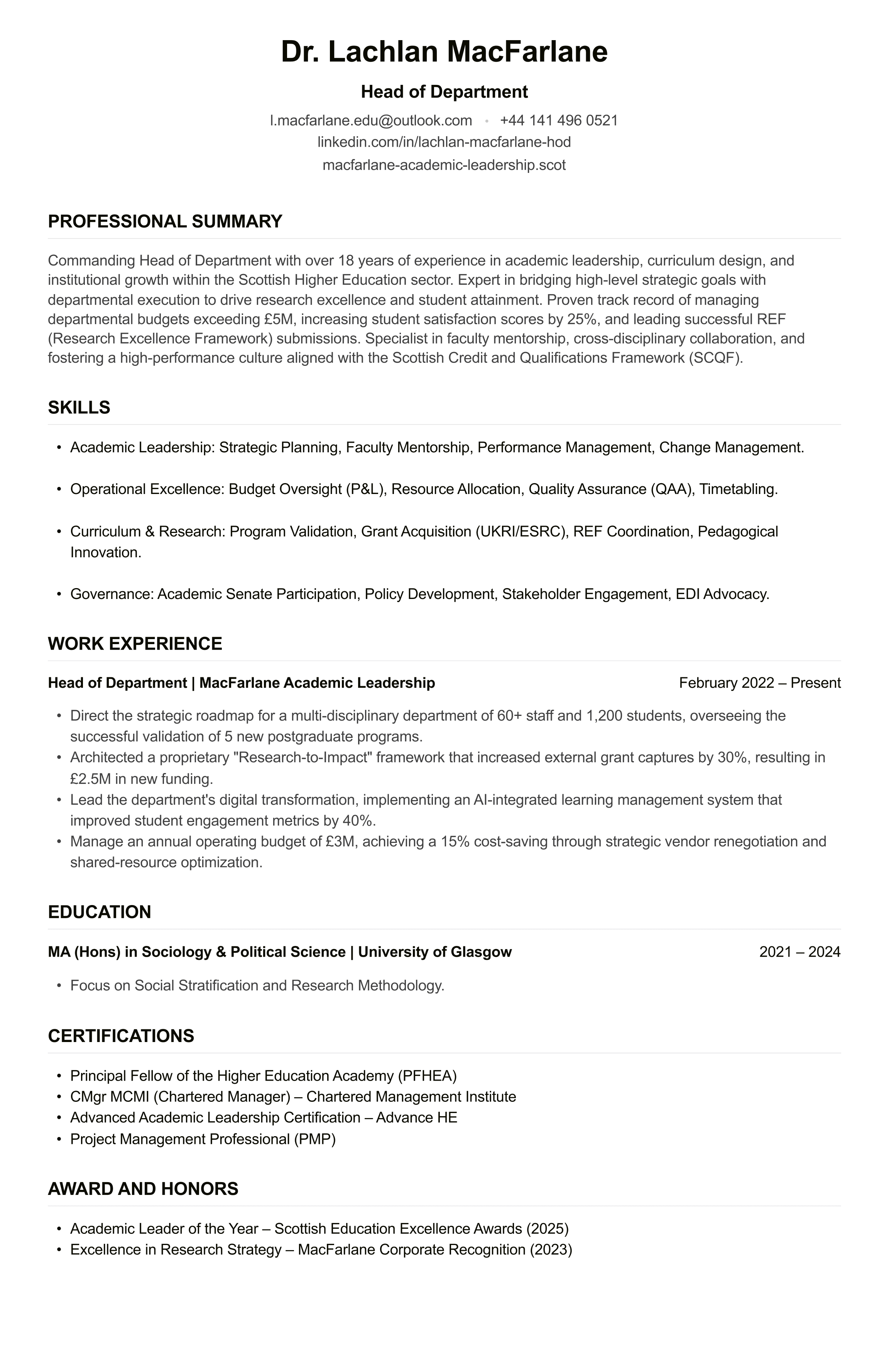 Head of Department CV example