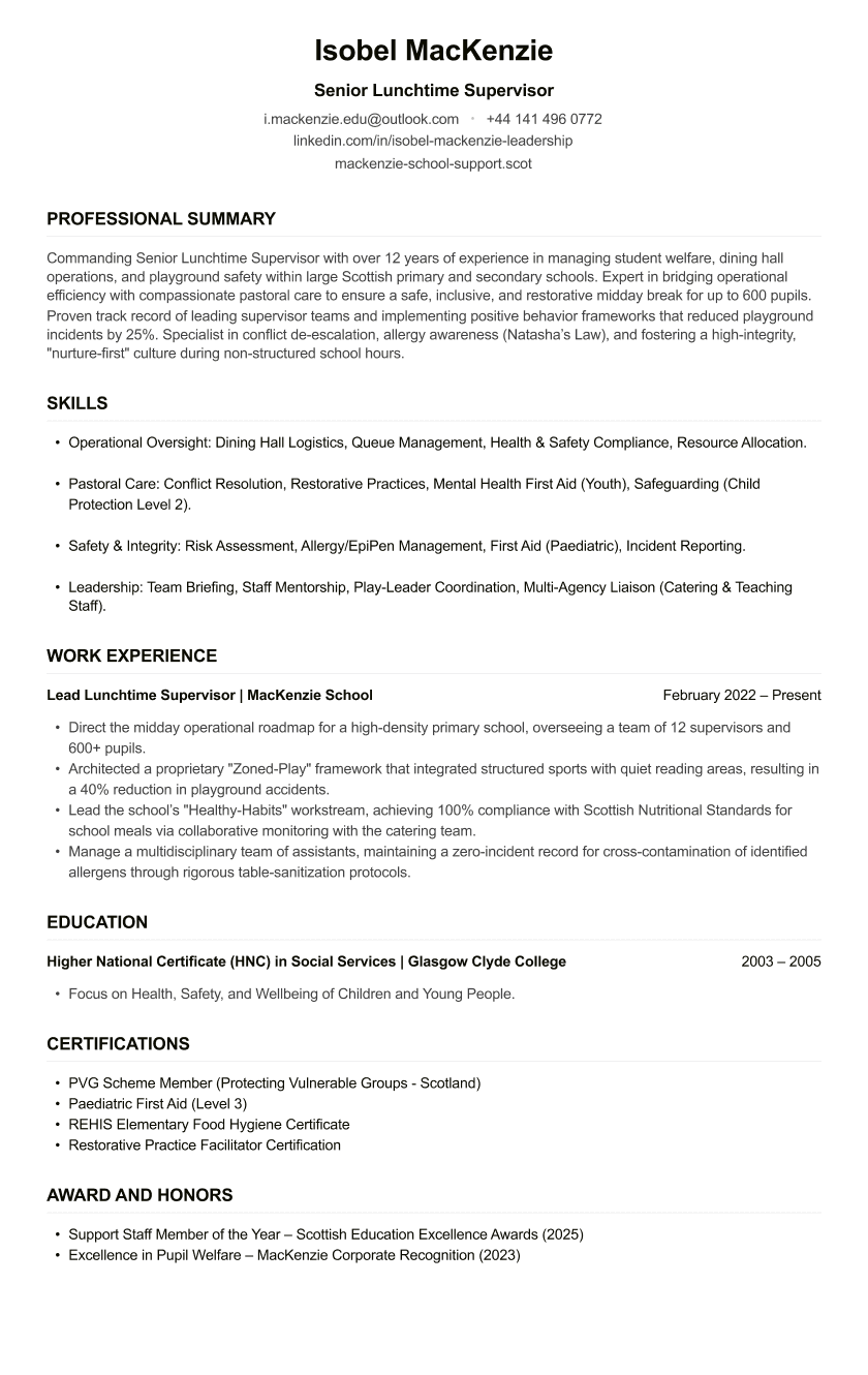 Lunchtime Supervisor CV