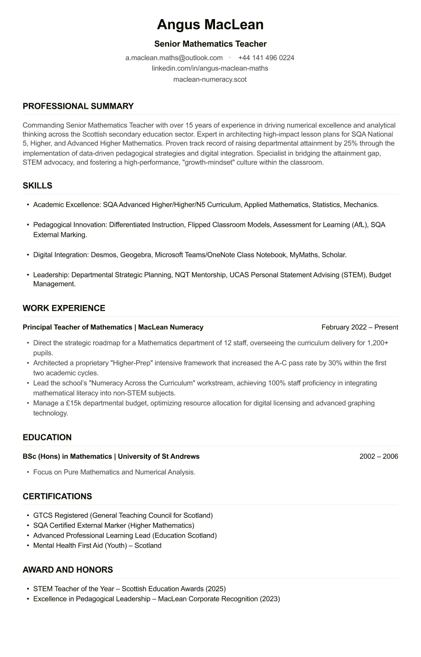 Maths Teacher CV