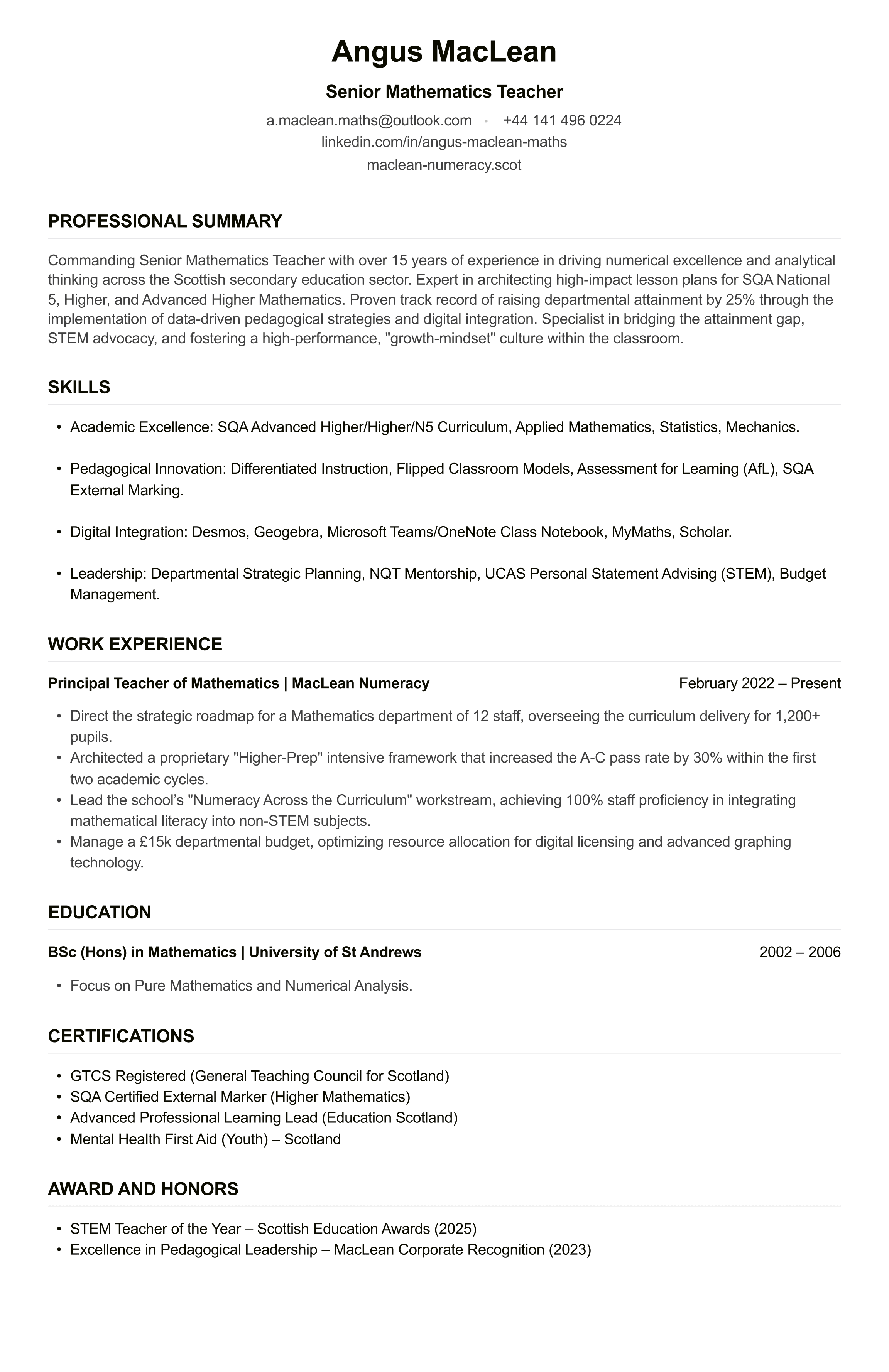 Maths Teacher CV example