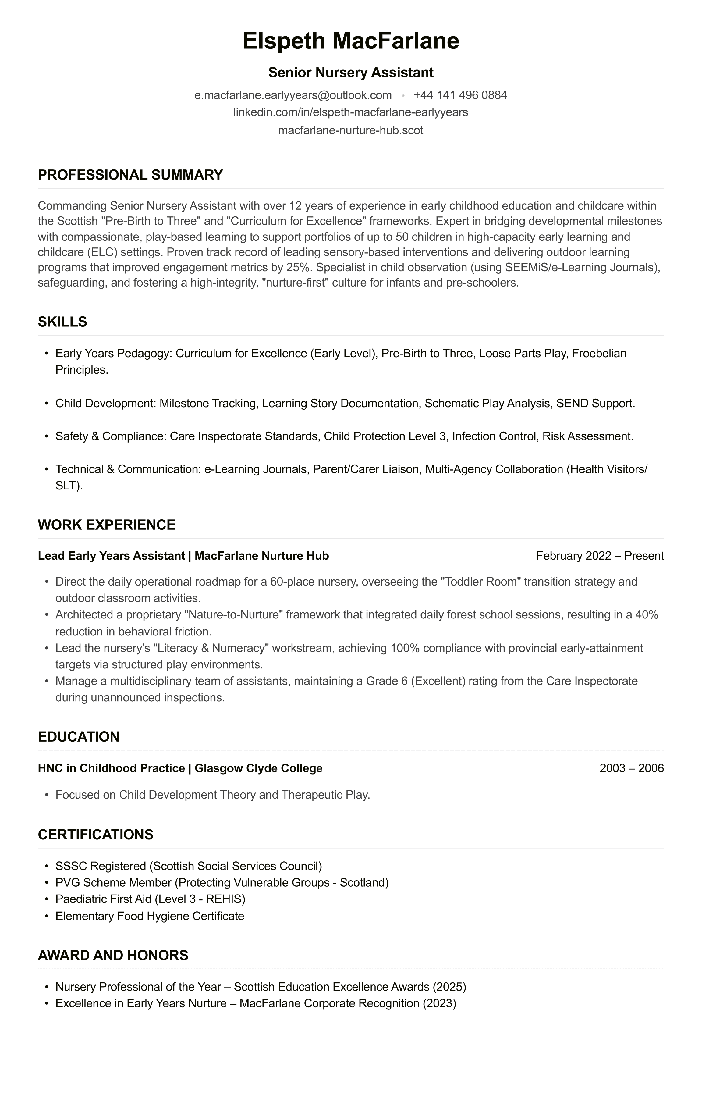 Nursery Assistant CV example