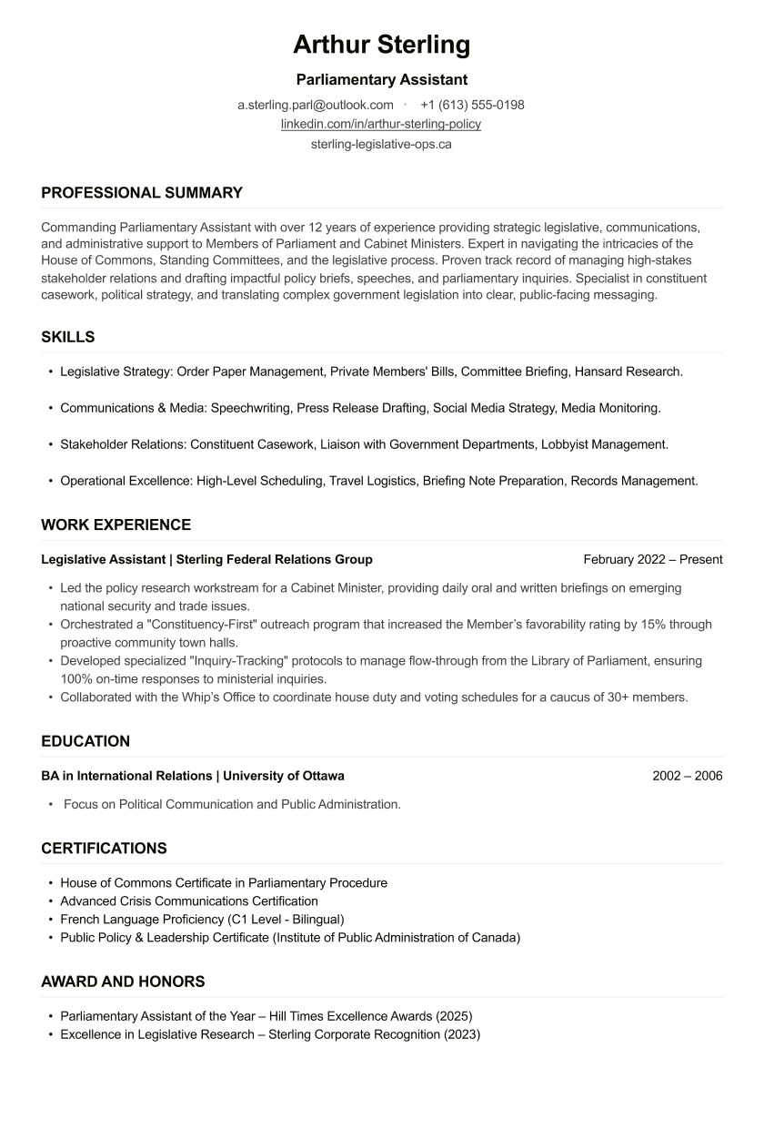 Parliamentary Assistant CV