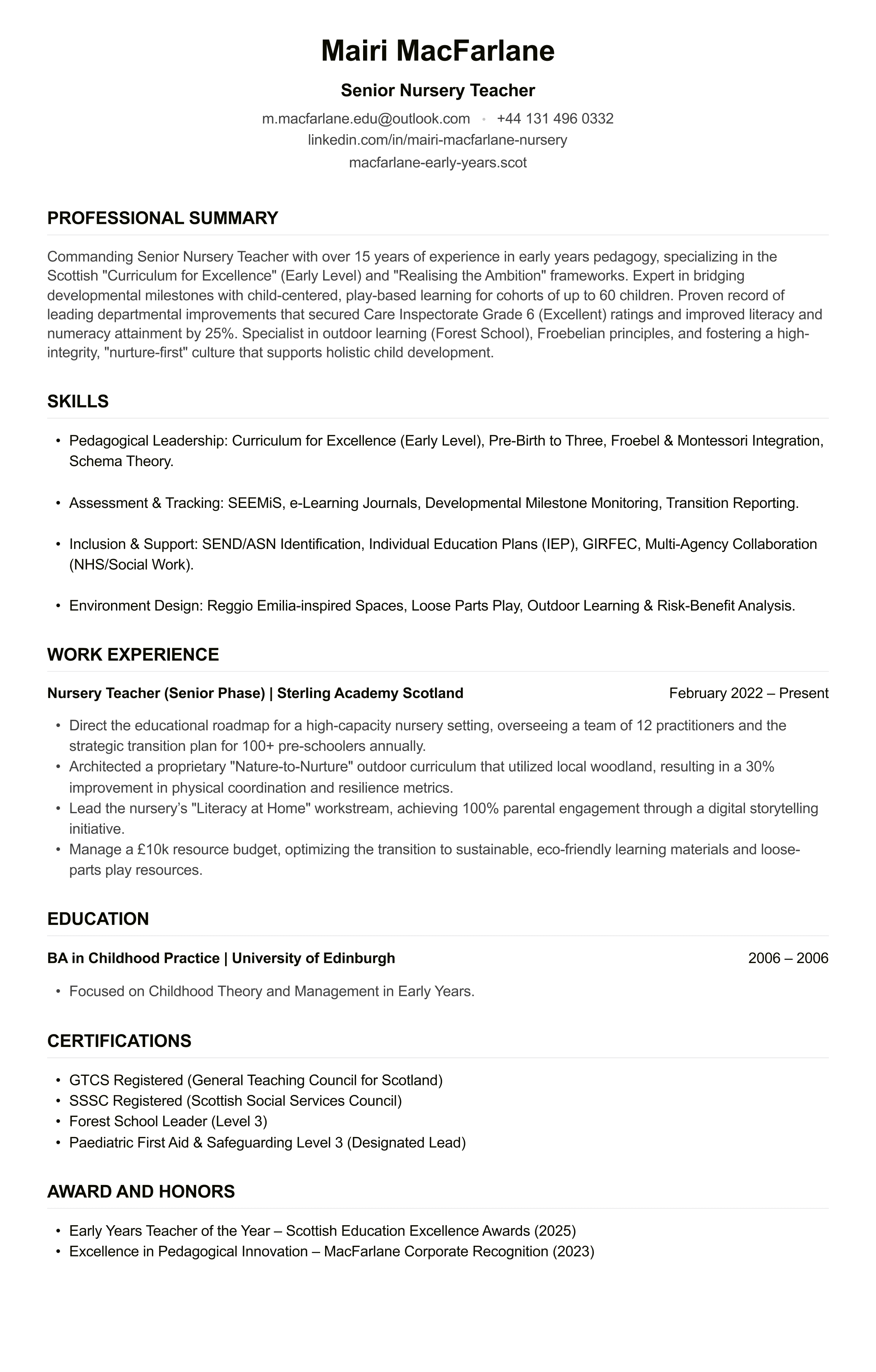 Nursery Teacher CV example