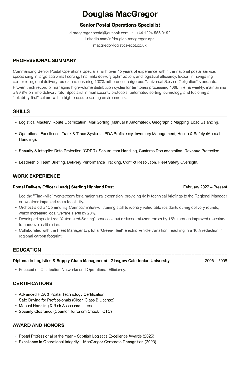 Postal Worker CV example