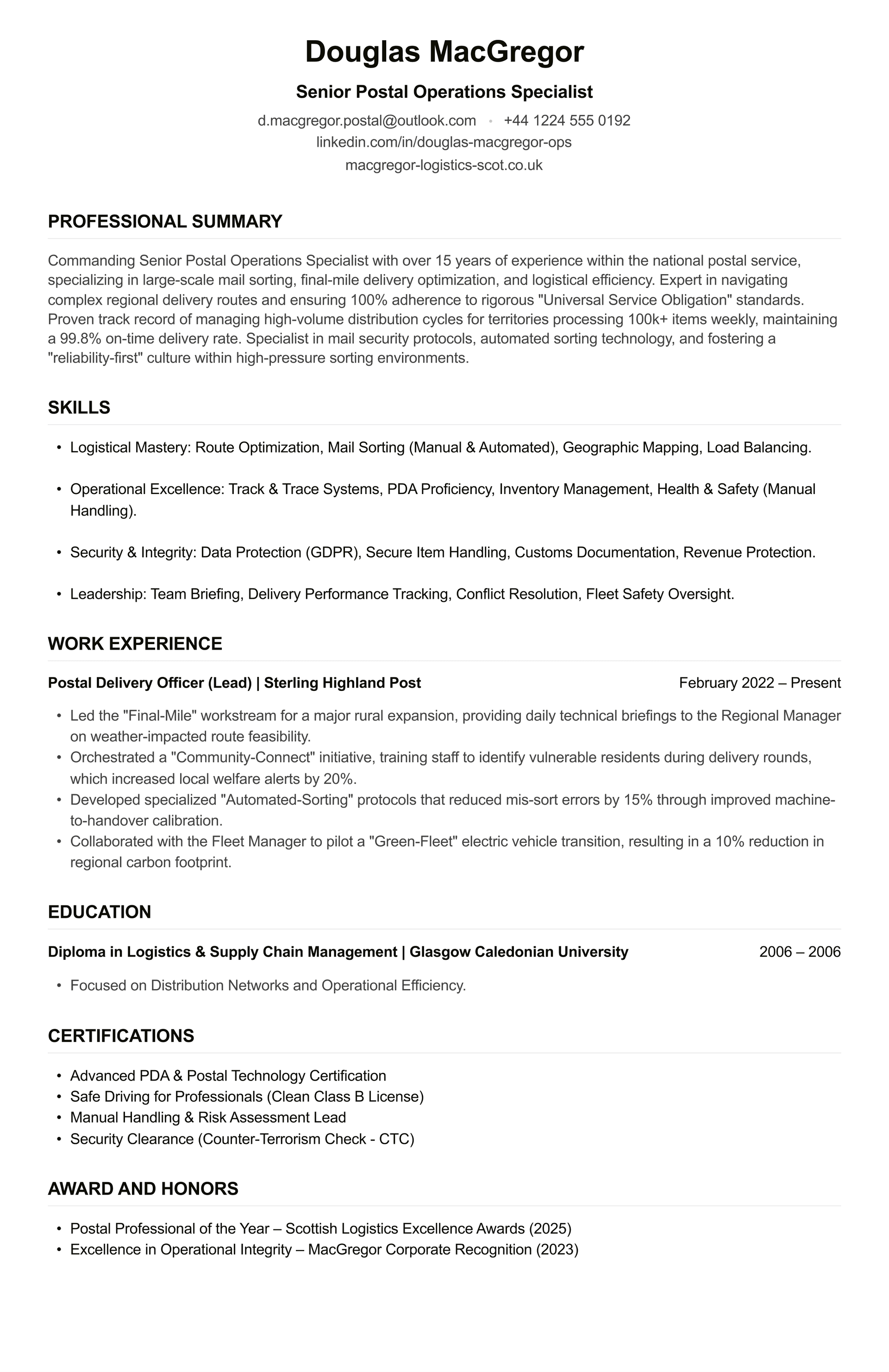 Postal Worker CV