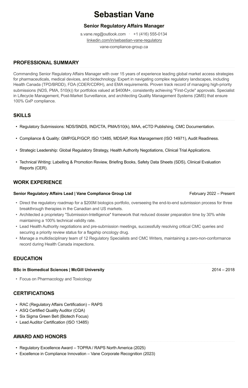 Regulatory Affairs CV