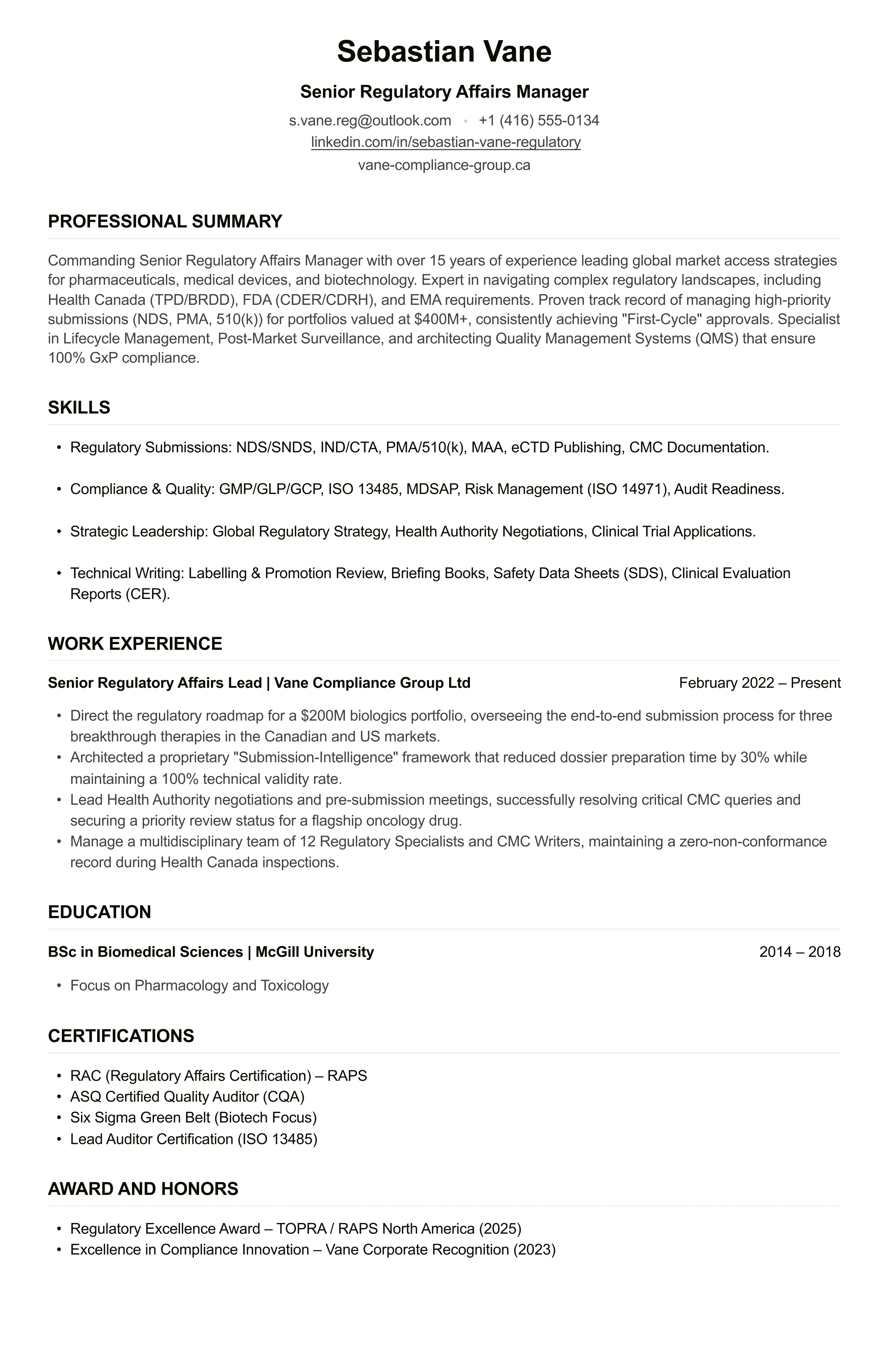 Regulatory Affairs CV example
