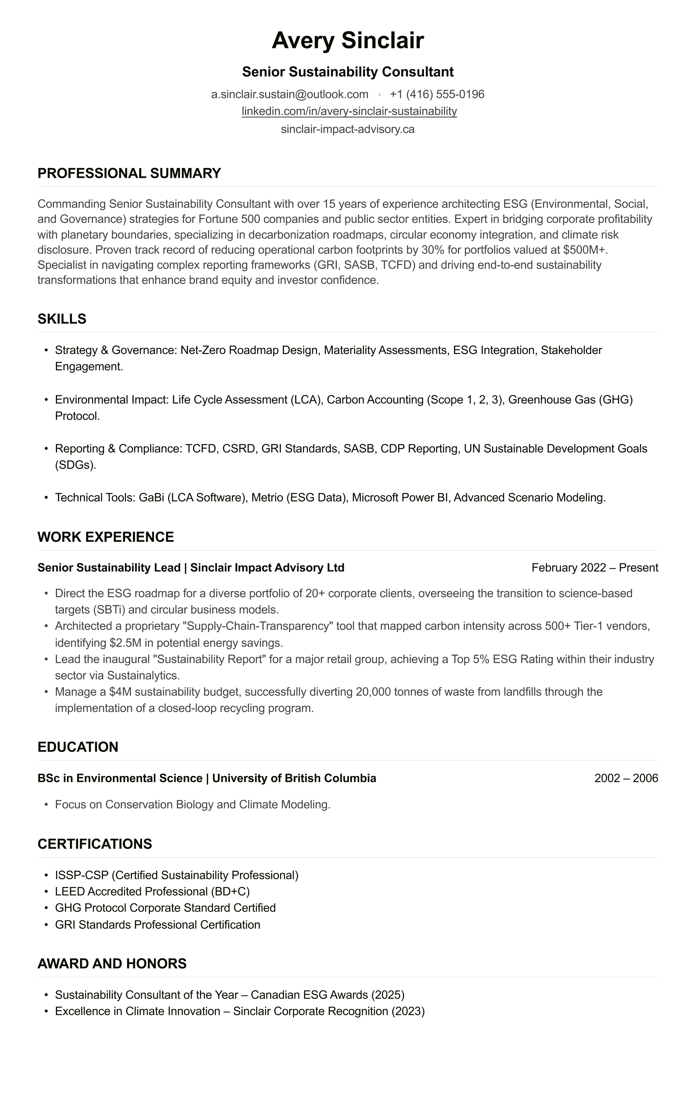 Sustainability Consultant CV example