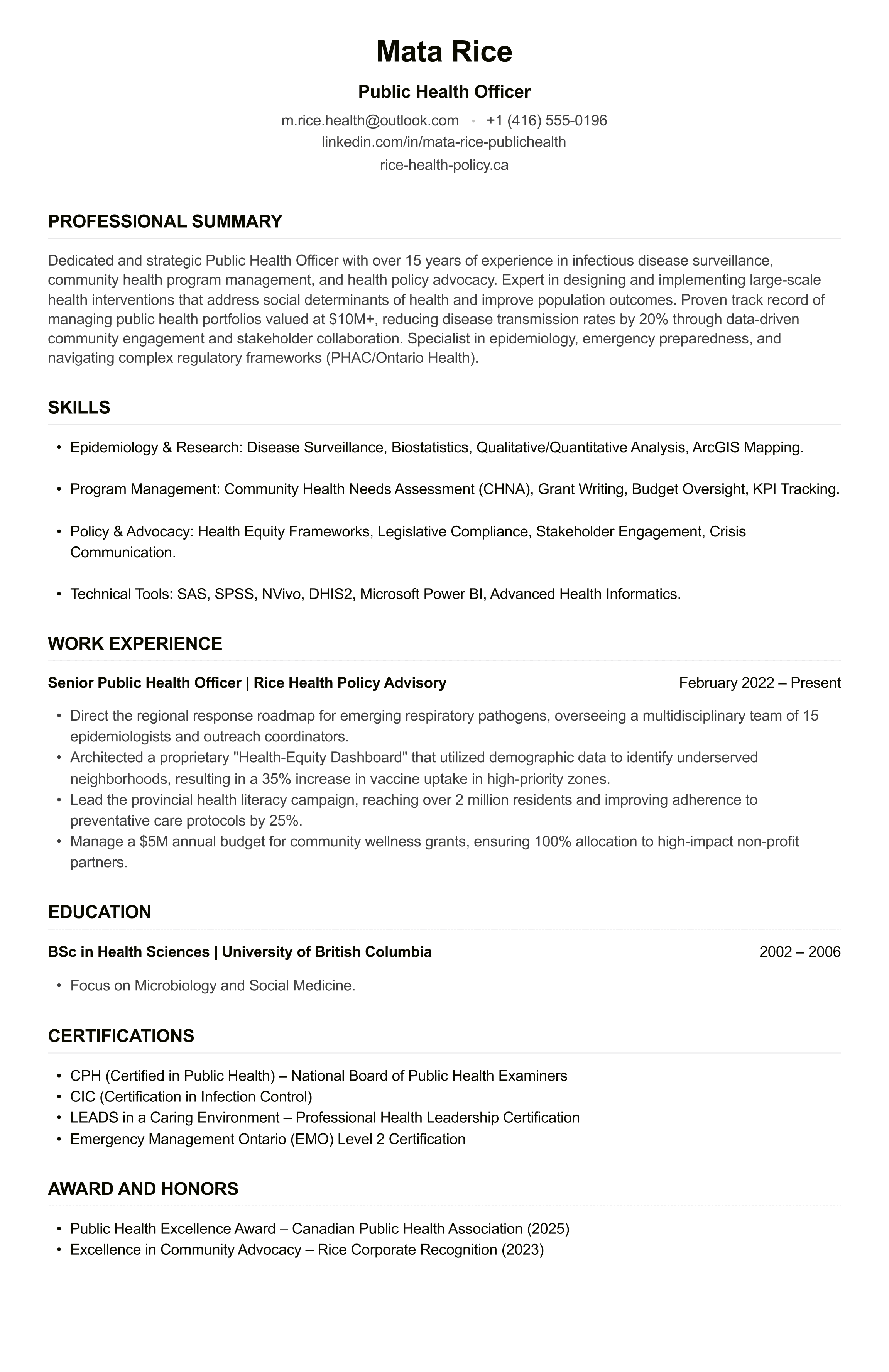 Public Health Officer CV example