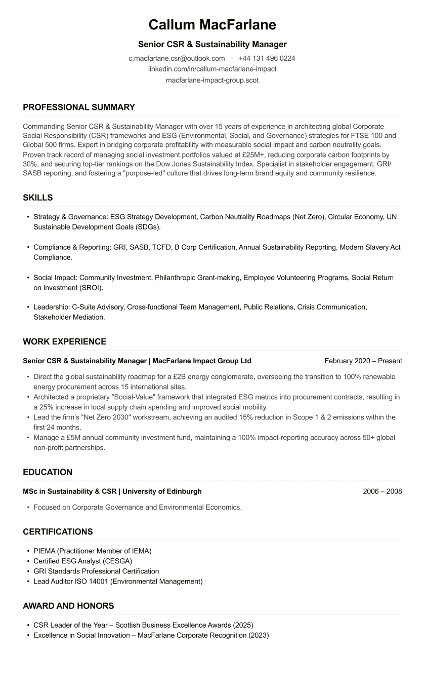 CSR Manager CV