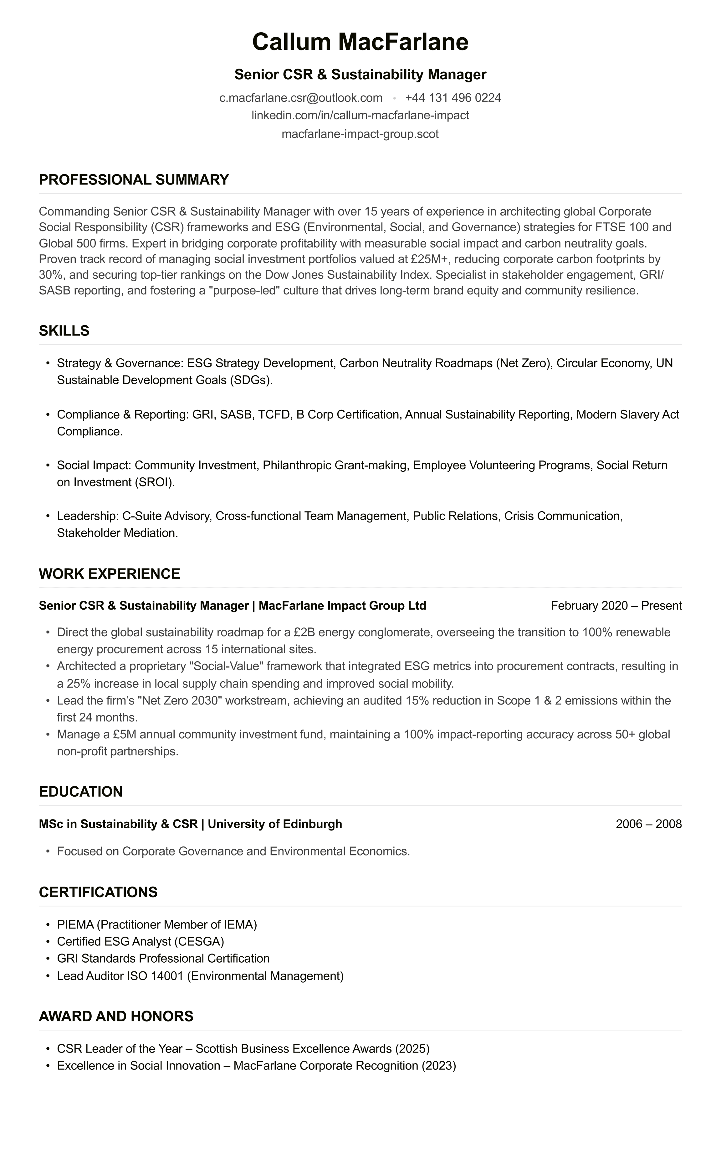 CSR Manager CV example