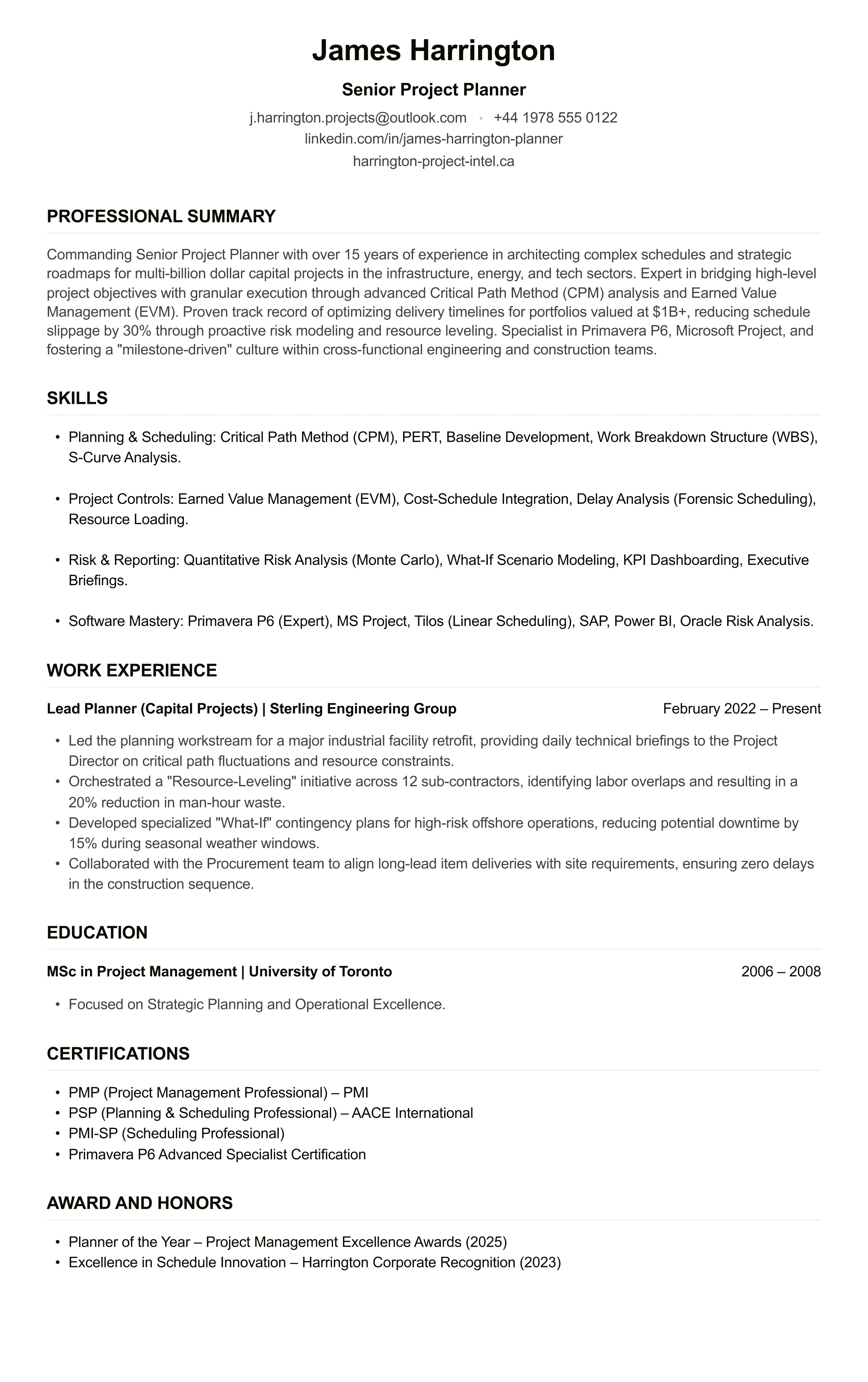Project Planner CV example